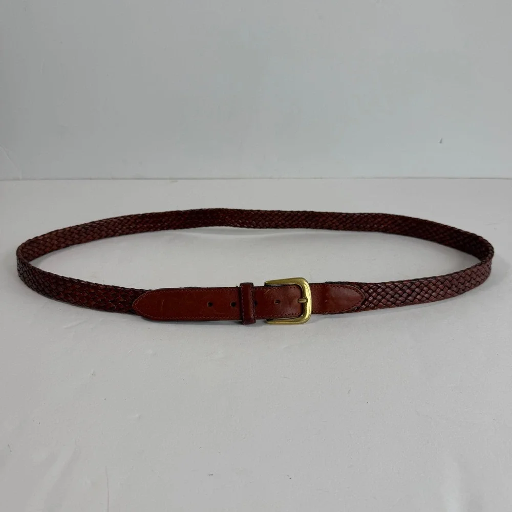 EQVVS Woven Braided Leather Belt XL 38-40 Brown Solid Brass England Handmade